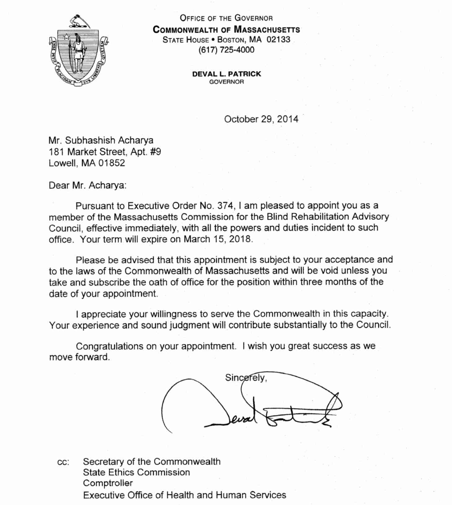 Appointment by the Governor of Massachusetts