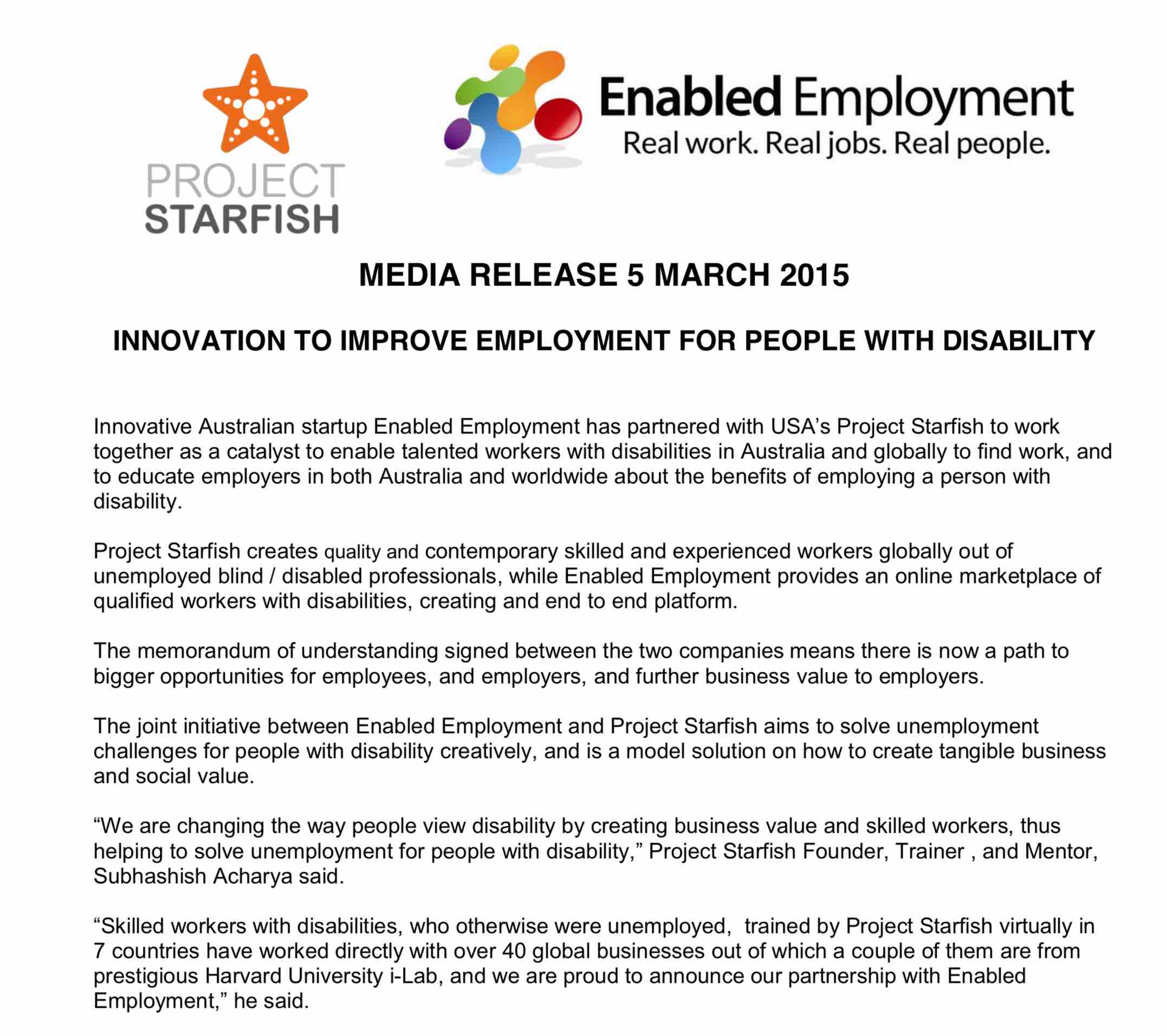 Project Starfish partners with Enabled Employment